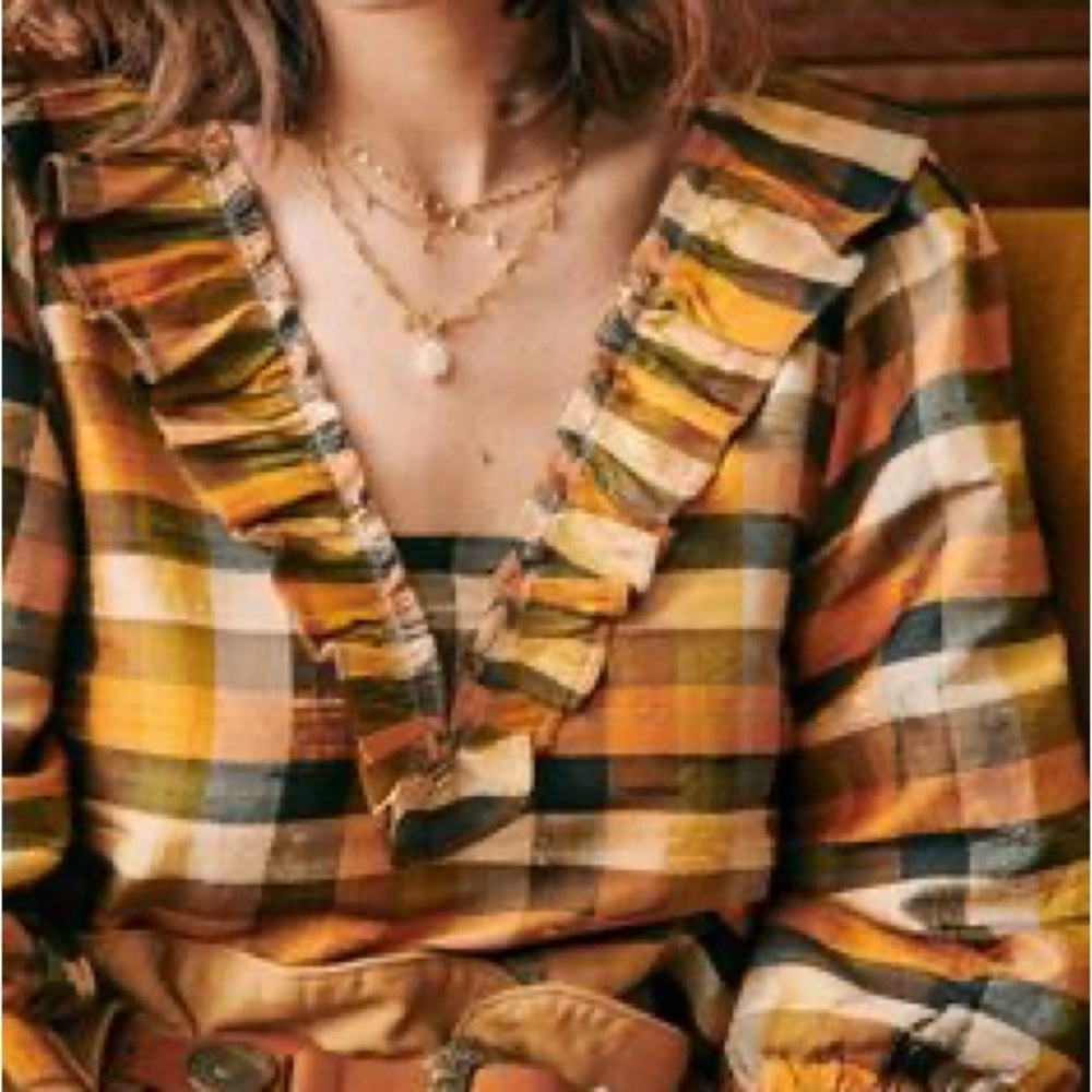 Sezane Plaid Ruffle V-Neck Top in Mustard Plaid size 34 small